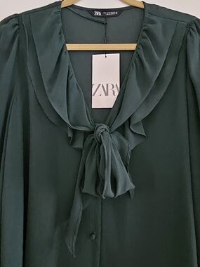 ZARA Deep Forest Green Tie-Neck Blouse Medium NWT